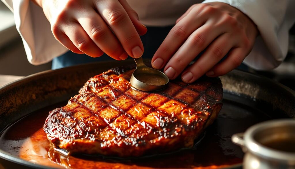 A close-up shot of a chef's hands demonstrating the proper braising technique for Swiss steak. The meat is seared to a rich, golden-brown crust, and the hands are gently turning and basting the cut with a flavorful liquid. The lighting is warm and natural, casting soft shadows that highlight the texture of the beef. The background is blurred, keeping the focus on the hands and the cooking process. The mood is one of careful attention and expertise, capturing the essence of achieving fork-tender results through skilled braising. A close-up shot of a chef's hands demonstrating the proper braising technique for Swiss steak. The meat is seared to a rich, golden-brown crust, and the hands are gently turning and basting the cut with a flavorful liquid. The lighting is warm and natural, casting soft shadows that highlight the texture of the beef. The background is blurred, keeping the focus on the hands and the cooking process. The mood is one of careful attention and expertise, capturing the essence of achieving fork-tender results through skilled braising.