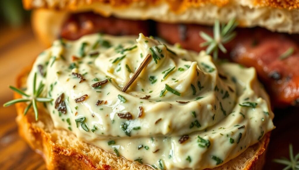 A close-up shot of a delectable herb butter spread, perfectly suited for a juicy steak sandwich. The luscious spread glistens in the warm, natural lighting, revealing a vibrant blend of fresh parsley, rosemary, and thyme, seamlessly combined with creamy, room-temperature butter. The texture is smooth and spreadable, inviting the viewer to imagine the rich, savory flavors it would add to a perfectly toasted artisanal bread, complementing the tender, seared steak. The composition places the spread in the foreground, with a slightly blurred background hinting at the larger sandwich assembly. The overall mood is one of culinary artistry and mouthwatering anticipation.