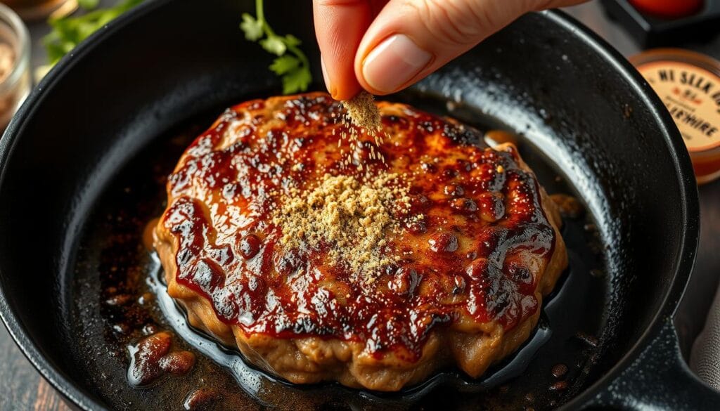 A close-up view seasoning a perfectly seared salisbury steak patty on a cast iron skillet, the deep caramelized crust glistening under warm, soft lighting. In the background, fresh herbs, aromatic spices, and a splash of worcestershire sauce set the stage for this classic comfort food preparation. The camera angle highlights the textural details and the chef's technique, inviting the viewer to learn from these essential cooking tips for achieving the most flavorful and tender salisbury steak. A close-up view seasoning a perfectly seared salisbury steak patty on a cast iron skillet, the deep caramelized crust glistening under warm, soft lighting. In the background, fresh herbs, aromatic spices, and a splash of worcestershire sauce set the stage for this classic comfort food preparation. The camera angle highlights the textural details and the chef's technique, inviting the viewer to learn from these essential cooking tips for achieving the most flavorful and tender salisbury steak.