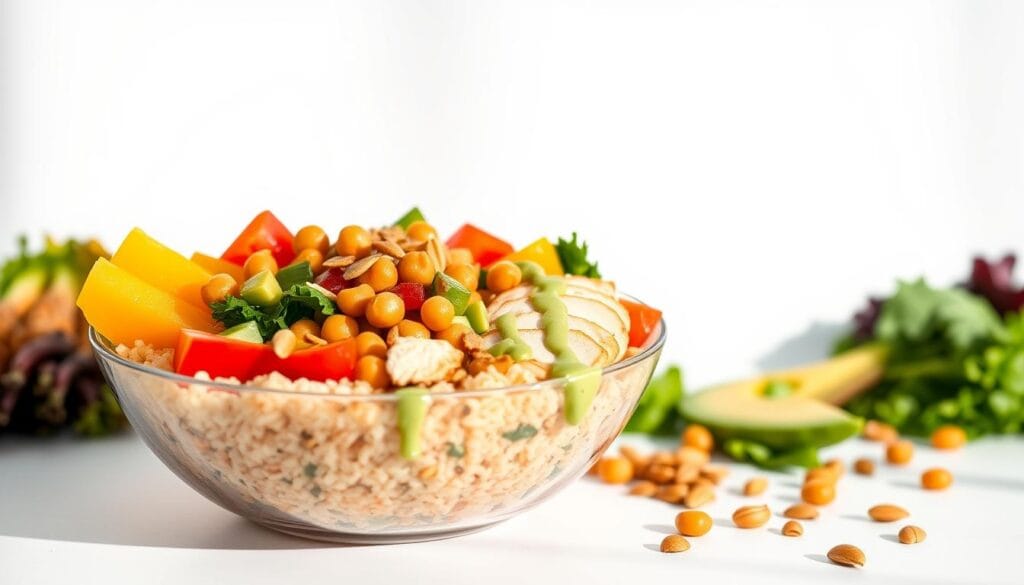 A colorful and tempting protein bowl filled with vibrant ingredients set against a minimalist white background. In the foreground, a bowl overflows with fluffy quinoa, tender chicken breast, crunchy roasted chickpeas, and a medley of fresh vegetables like crisp bell peppers, juicy tomatoes, and leafy kale. The lighting is natural and warm, casting soft shadows that accentuate the textures. In the middle ground, a sprinkling of toasted pumpkin seeds and a drizzle of creamy avocado dressing add depth and richness to the composition. The overall mood is clean, healthy, and visually appetizing, inviting the viewer to savor this nourishing and satisfying lunch option. A colorful and tempting protein bowl filled with vibrant ingredients set against a minimalist white background. In the foreground, a bowl overflows with fluffy quinoa, tender chicken breast, crunchy roasted chickpeas, and a medley of fresh vegetables like crisp bell peppers, juicy tomatoes, and leafy kale. The lighting is natural and warm, casting soft shadows that accentuate the textures. In the middle ground, a sprinkling of toasted pumpkin seeds and a drizzle of creamy avocado dressing add depth and richness to the composition. The overall mood is clean, healthy, and visually appetizing, inviting the viewer to savor this nourishing and satisfying lunch option.