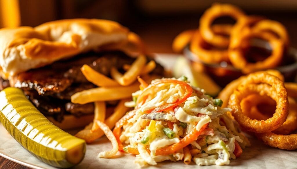 A delectable spread of side dishes to complement a savory steak sandwich. In the foreground, a crisp dill pickle spear, its vibrant green hue contrasting with the golden-brown crust of the sandwich. Alongside, a small pile of crunchy, golden-brown french fries, their edges slightly curled, inviting a satisfying crunch. In the middle ground, a tangy coleslaw, its shredded cabbage and carrots dressed in a creamy, tangy dressing, providing a refreshing counterpoint to the richness of the sandwich. In the background, a handful of crisp, golden onion rings, their delicate, lacy texture catching the light. The scene is bathed in warm, golden lighting, casting a cozy, inviting atmosphere, perfect for enjoying this delicious steak sandwich and its delectable side dishes.