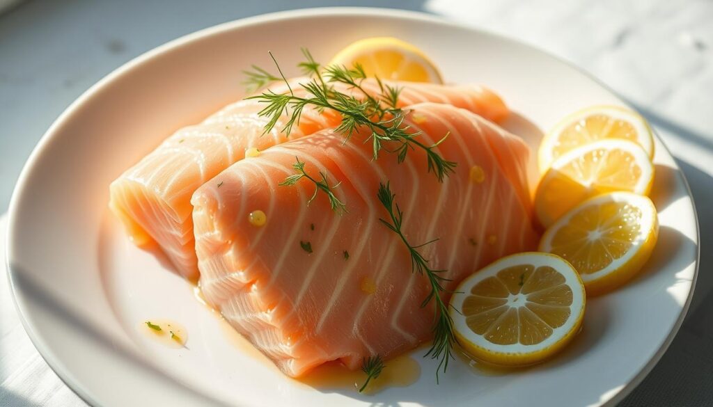 A delicately arranged salmon belly platter on a white ceramic plate, the tender, glistening flesh presented in an elegant, fan-like arrangement. Garnished with a sprinkling of fresh dill, thinly sliced lemon wedges, and a drizzle of lemon-dill vinaigrette, creating a visually striking and appetizing display. Soft, natural lighting illuminates the dish, casting a warm, inviting glow and highlighting the succulent texture of the salmon. The composition is balanced, with the salmon as the focal point, surrounded by complementary elements that enhance the overall presentation. The setting evokes a sense of refined simplicity, allowing the quality of the ingredients to shine. A delicately arranged salmon belly platter on a white ceramic plate, the tender, glistening flesh presented in an elegant, fan-like arrangement. Garnished with a sprinkling of fresh dill, thinly sliced lemon wedges, and a drizzle of lemon-dill vinaigrette, creating a visually striking and appetizing display. Soft, natural lighting illuminates the dish, casting a warm, inviting glow and highlighting the succulent texture of the salmon. The composition is balanced, with the salmon as the focal point, surrounded by complementary elements that enhance the overall presentation. The setting evokes a sense of refined simplicity, allowing the quality of the ingredients to shine.
