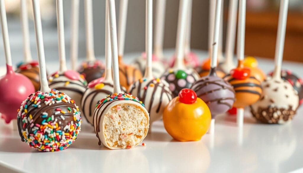 A delightful assortment of creative cake pops in a variety of whimsical flavors, arranged artfully on a clean white surface. The pops feature vibrant, colorful coatings and toppings, including sprinkles, chocolate drizzle, and candied fruits. The foreground showcases the pops in sharp focus, while the background is softly blurred, drawing the viewer's attention to the enticing textures and flavors. Warm, natural lighting casts gentle shadows, accentuating the dimensional qualities of the pops. The overall composition is visually striking, enticing the viewer to imagine the delectable taste and texture of these imaginative cake pop creations. A delightful assortment of creative cake pops in a variety of whimsical flavors, arranged artfully on a clean white surface. The pops feature vibrant, colorful coatings and toppings, including sprinkles, chocolate drizzle, and candied fruits. The foreground showcases the pops in sharp focus, while the background is softly blurred, drawing the viewer's attention to the enticing textures and flavors. Warm, natural lighting casts gentle shadows, accentuating the dimensional qualities of the pops. The overall composition is visually striking, enticing the viewer to imagine the delectable taste and texture of these imaginative cake pop creations.