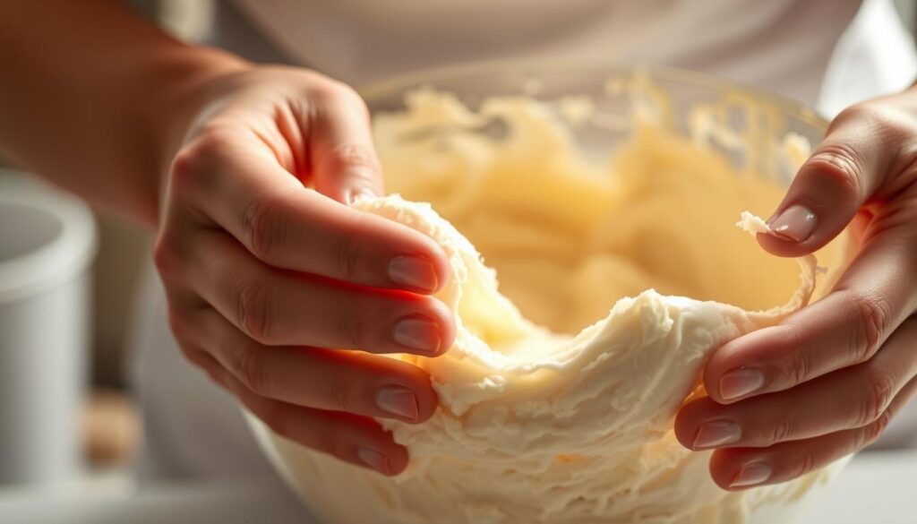 A detailed, close-up view of a baker's hands gently folding and mixing a light, airy cake batter. The foreground shows the smooth, delicate motions as fingers lightly incorporate air into the fluffy mixture. Soft, even lighting from above casts a warm glow, highlighting the texture and creating a sense of weightlessness. The middle ground reveals the bowl's contents, a billowy, cloud-like batter that appears almost ethereal. The background is intentionally blurred, keeping the focus on the tactile process of folding for a tender, melt-in-your-mouth crumb. An atmosphere of quiet concentration and culinary artistry pervades the scene. A detailed, close-up view of a baker's hands gently folding and mixing a light, airy cake batter. The foreground shows the smooth, delicate motions as fingers lightly incorporate air into the fluffy mixture. Soft, even lighting from above casts a warm glow, highlighting the texture and creating a sense of weightlessness. The middle ground reveals the bowl's contents, a billowy, cloud-like batter that appears almost ethereal. The background is intentionally blurred, keeping the focus on the tactile process of folding for a tender, melt-in-your-mouth crumb. An atmosphere of quiet concentration and culinary artistry pervades the scene.