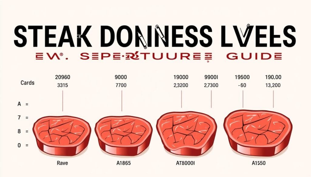 A high-quality image of a "Steak Doneness Levels Temperature Guide" showcasing the various stages of steak doneness, with a clean and modern design. The image should feature a neutral-colored background, allowing the steak doneness information to be the focal point. The steak illustrations should be detailed and accurate, depicting the different doneness levels from rare to well-done, accompanied by the corresponding internal temperature ranges. The image should have a minimalist and informative aesthetic, suitable for inclusion in a cooking article.