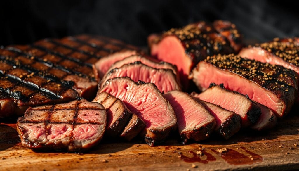 A luscious spread of expertly grilled steak cuts, their surfaces adorned with a tantalizing charcoal-hued seasoning blend. The tender meat sears under the intense heat, creating a delectable caramelized crust that gives way to a juicy, pink interior. Dramatic shadows cast by the grill grates accentuate the bold textures, while a soft, diffused light bathes the scene in a warm, appetizing glow. The arrangement showcases the prime cuts – flank, ribeye, and filet mignon – each cut into thick, succulent slices, ready to be savored. An alluring aroma of smoked spices and sizzling beef fills the air, enticing the senses and hinting at the rich, flavor-packed experience to come. A luscious spread of expertly grilled steak cuts, their surfaces adorned with a tantalizing charcoal-hued seasoning blend. The tender meat sears under the intense heat, creating a delectable caramelized crust that gives way to a juicy, pink interior. Dramatic shadows cast by the grill grates accentuate the bold textures, while a soft, diffused light bathes the scene in a warm, appetizing glow. The arrangement showcases the prime cuts – flank, ribeye, and filet mignon – each cut into thick, succulent slices, ready to be savored. An alluring aroma of smoked spices and sizzling beef fills the air, enticing the senses and hinting at the rich, flavor-packed experience to come.