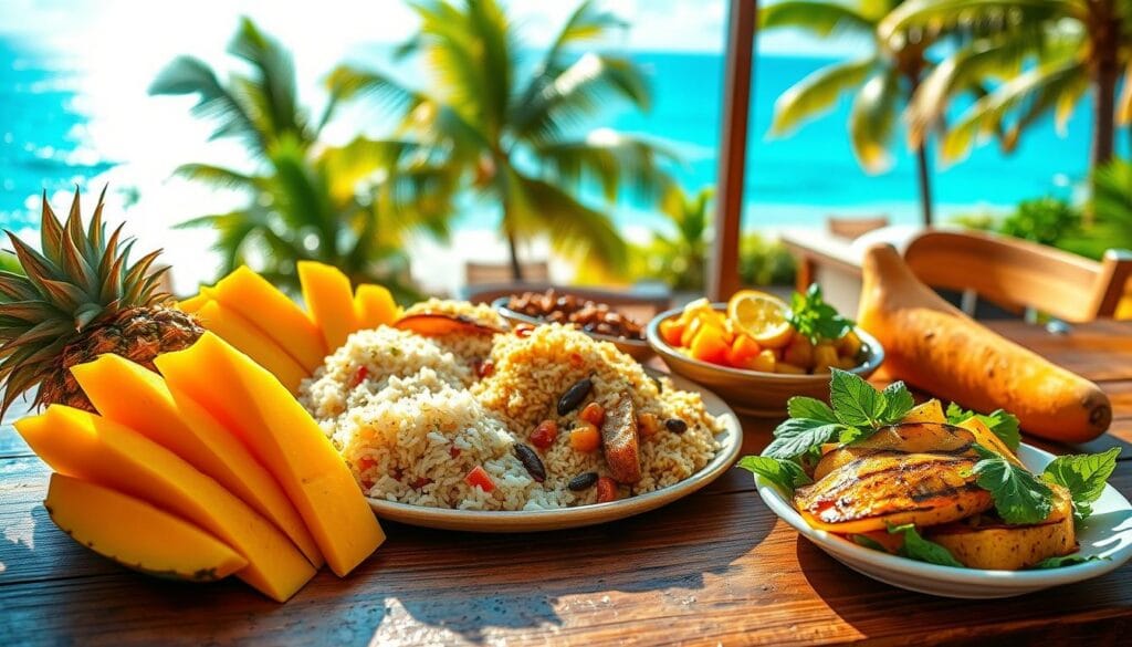 A lush, vibrant scene of Caribbean-inspired side dishes artfully arranged on a wooden table. In the foreground, a colorful selection of tropical fruits - pineapple, mango, and papaya - slice and fanned out. In the middle ground, steaming rice and beans, grilled plantains, and a crisp salad with citrus vinaigrette. The background showcases a breezy, sun-dappled patio overlooking azure waters and swaying palm trees. Warm, soft lighting casts a golden glow, creating an inviting, mouthwatering atmosphere. The composition is balanced, with each element complementing the others to evoke the vibrant flavors of the Caribbean. Crisp, high-resolution details bring this appetizing display to life. A lush, vibrant scene of Caribbean-inspired side dishes artfully arranged on a wooden table. In the foreground, a colorful selection of tropical fruits - pineapple, mango, and papaya - slice and fanned out. In the middle ground, steaming rice and beans, grilled plantains, and a crisp salad with citrus vinaigrette. The background showcases a breezy, sun-dappled patio overlooking azure waters and swaying palm trees. Warm, soft lighting casts a golden glow, creating an inviting, mouthwatering atmosphere. The composition is balanced, with each element complementing the others to evoke the vibrant flavors of the Caribbean. Crisp, high-resolution details bring this appetizing display to life.