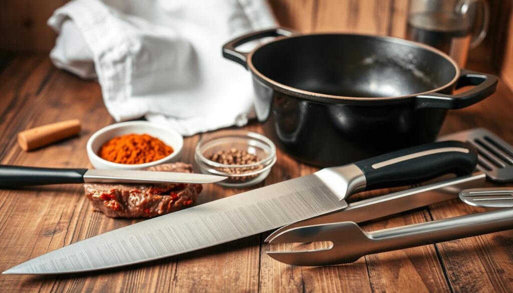 A meticulously arranged still life scene of the essential cooking tools for preparing chipotle steak. In the foreground, a sharp chef's knife, a meat tenderizer, and a pair of kitchen tongs rest on a rustic wooden surface, their metallic surfaces gleaming under the warm, natural lighting. In the middle ground, a well-seasoned cast iron skillet and a heavy-duty saucepan sit alongside a small bowl of aromatic spices. In the background, a clean white towel and a stainless steel spatula add a touch of culinary professionalism to the scene. The overall mood is one of precision, efficiency, and the promise of a delicious, homemade chipotle steak dish.