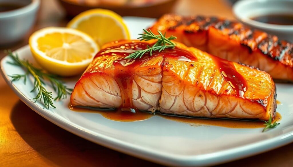 A mouthwatering arrangement of Japanese-style baked salmon belly, garnished with fresh lemon wedges, fragrant dill sprigs, and a drizzle of rich teriyaki sauce. The salmon belly, with its glistening, caramelized exterior and tender, succulent interior, is the centerpiece of this culinary masterpiece. The scene is bathed in warm, golden lighting, highlighting the delicate textures and vibrant colors of the dish. The composition is balanced, with the salmon belly positioned in the foreground, surrounded by complementary elements that enhance the overall visual appeal. The atmosphere conveys a sense of refined elegance and culinary sophistication, perfectly suited for the "Japanese-Style Baked Salmon Belly Recipe" section of the article. A mouthwatering arrangement of Japanese-style baked salmon belly, garnished with fresh lemon wedges, fragrant dill sprigs, and a drizzle of rich teriyaki sauce. The salmon belly, with its glistening, caramelized exterior and tender, succulent interior, is the centerpiece of this culinary masterpiece. The scene is bathed in warm, golden lighting, highlighting the delicate textures and vibrant colors of the dish. The composition is balanced, with the salmon belly positioned in the foreground, surrounded by complementary elements that enhance the overall visual appeal. The atmosphere conveys a sense of refined elegance and culinary sophistication, perfectly suited for the "Japanese-Style Baked Salmon Belly Recipe" section of the article.