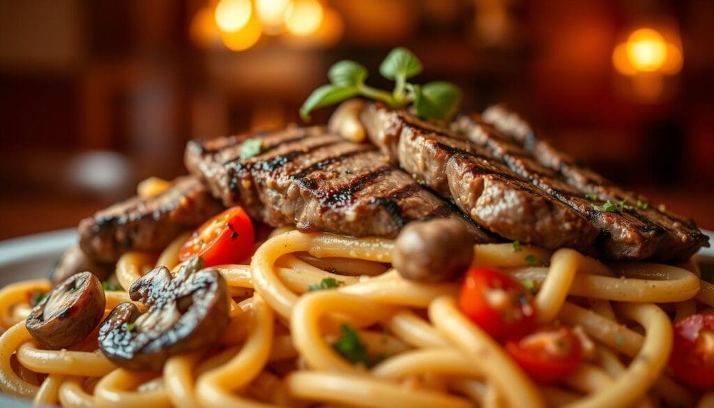 A mouthwatering close-up of a classic steak pasta dish, featuring al dente penne or rigatoni noodles coated in a rich, creamy sauce. The tender slices of seared steak are arranged artfully atop the pasta, their char-grilled edges glistening. Sautéed mushrooms, diced tomatoes, and fresh herbs add pops of color and flavor. The composition is lit by warm, golden overhead lighting, casting a cozy, inviting atmosphere. The depth of field is shallow, drawing the eye directly to the delectable pasta centerpiece. This sumptuous scene evokes the comfort and elegance of an upscale Italian trattoria. A mouthwatering close-up of a classic steak pasta dish, featuring al dente penne or rigatoni noodles coated in a rich, creamy sauce. The tender slices of seared steak are arranged artfully atop the pasta, their char-grilled edges glistening. Sautéed mushrooms, diced tomatoes, and fresh herbs add pops of color and flavor. The composition is lit by warm, golden overhead lighting, casting a cozy, inviting atmosphere. The depth of field is shallow, drawing the eye directly to the delectable pasta centerpiece. This sumptuous scene evokes the comfort and elegance of an upscale Italian trattoria.