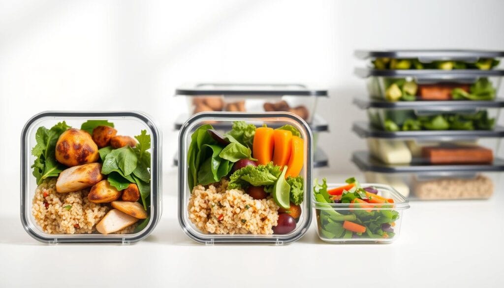 A neatly arranged set of rectangular meal prep containers, each filled with a balanced, colorful lunch. The containers are made of sturdy, translucent plastic, allowing the contents to be visible. In the foreground, three containers sit side by side, showcasing a variety of healthy ingredients such as grilled chicken, quinoa, roasted vegetables, and fresh greens. In the middle ground, two additional containers are stacked, highlighting the efficient, modular nature of the meal prep system. The background is a clean, minimalist setting, with a soft, natural lighting illuminating the scene. The overall mood is one of organization, simplicity, and a commitment to nutritious, on-the-go eating. A neatly arranged set of rectangular meal prep containers, each filled with a balanced, colorful lunch. The containers are made of sturdy, translucent plastic, allowing the contents to be visible. In the foreground, three containers sit side by side, showcasing a variety of healthy ingredients such as grilled chicken, quinoa, roasted vegetables, and fresh greens. In the middle ground, two additional containers are stacked, highlighting the efficient, modular nature of the meal prep system. The background is a clean, minimalist setting, with a soft, natural lighting illuminating the scene. The overall mood is one of organization, simplicity, and a commitment to nutritious, on-the-go eating.