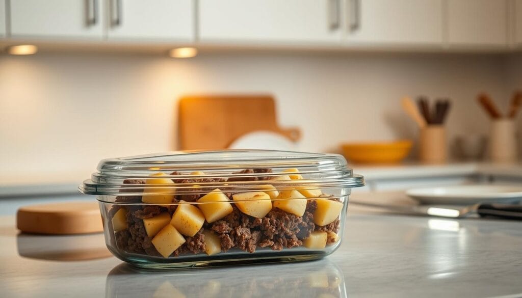 A neatly organized kitchen counter, bathed in warm, soft lighting. In the foreground, a clear glass container holds a savory ground beef and potato casserole, covered with a secure lid. The dish's contents are visible, showcasing the layers of tender potatoes, seasoned ground beef, and a rich, creamy sauce. In the middle ground, a cutting board and chef's knife stand nearby, hinting at the meal's recent preparation. The background features clean, minimalist cabinetry, complementing the serene, inviting atmosphere. The image conveys a sense of culinary expertise and practical storage solutions for this delectable ground beef and potato dish.