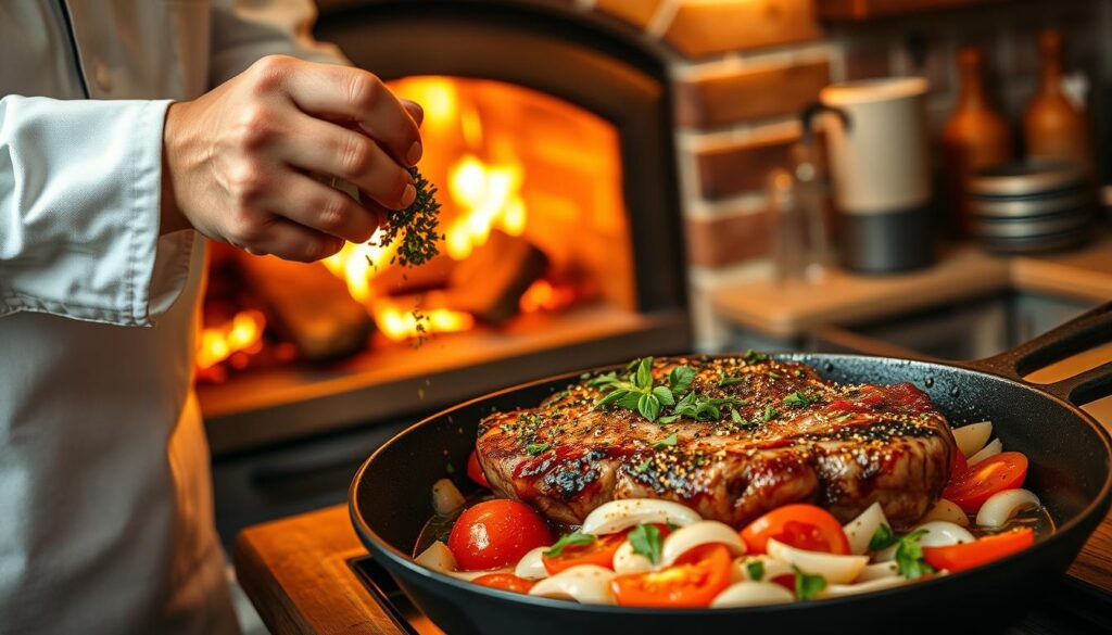 A rustic Italian kitchen, with a wood-fired oven blazing in the background. In the foreground, a skilled chef tenderly seasons a thick, juicy steak with a variety of aromatic herbs and spices. The steak sizzles as it's placed onto a well-seasoned cast-iron skillet, the sound and aroma filling the air. Tomatoes, garlic, and onions are carefully chopped and added to the pan, the flavors melding together in a symphony of Italian tradition. The scene is bathed in warm, golden light, casting a cozy, inviting glow throughout the space. This is the essence of Steak Pizzaiola, a beloved Italian comfort food dish, captured in a single, evocative image. A rustic Italian kitchen, with a wood-fired oven blazing in the background. In the foreground, a skilled chef tenderly seasons a thick, juicy steak with a variety of aromatic herbs and spices. The steak sizzles as it's placed onto a well-seasoned cast-iron skillet, the sound and aroma filling the air. Tomatoes, garlic, and onions are carefully chopped and added to the pan, the flavors melding together in a symphony of Italian tradition. The scene is bathed in warm, golden light, casting a cozy, inviting glow throughout the space. This is the essence of Steak Pizzaiola, a beloved Italian comfort food dish, captured in a single, evocative image.