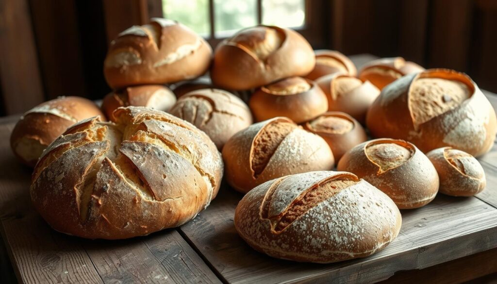 A rustic, artisanal display of delectable sourdough discard breads and rolls, arranged on a weathered wooden table. In the foreground, a crusty boule with a golden-brown crust, complemented by soft, pillowy sourdough buns and rolls in the middle ground. Sprinkled throughout, a variety of shapes and textures, from hearty whole wheat loaves to delicate, swirled cinnamon-raisin breads. Soft, natural lighting from a nearby window casts a warm glow, highlighting the intricate scoring and the inviting, yeasty aroma. The scene exudes the craftsmanship and care of an experienced sourdough baker, showcasing the versatility and deliciousness of sourdough discard in artisanal breads. A rustic, artisanal display of delectable sourdough discard breads and rolls, arranged on a weathered wooden table. In the foreground, a crusty boule with a golden-brown crust, complemented by soft, pillowy sourdough buns and rolls in the middle ground. Sprinkled throughout, a variety of shapes and textures, from hearty whole wheat loaves to delicate, swirled cinnamon-raisin breads. Soft, natural lighting from a nearby window casts a warm glow, highlighting the intricate scoring and the inviting, yeasty aroma. The scene exudes the craftsmanship and care of an experienced sourdough baker, showcasing the versatility and deliciousness of sourdough discard in artisanal breads.