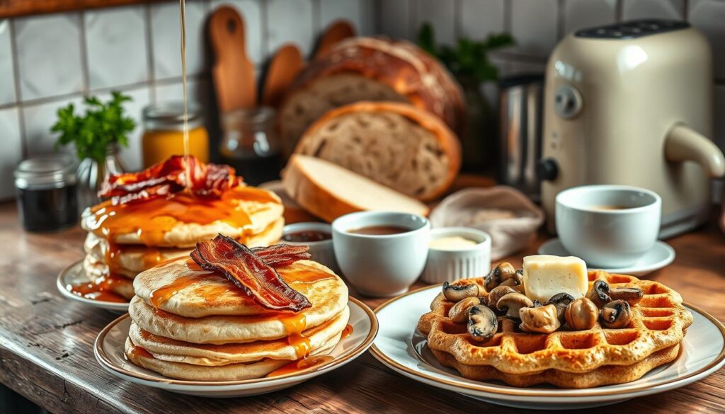 A rustic kitchen counter with a variety of savory sourdough discard breakfast items arranged artfully. In the foreground, a stack of fluffy sourdough pancakes drizzled with maple syrup and topped with crispy bacon. Next to it, a plate of savory sourdough waffles adorned with sautéed mushrooms and melted cheese. In the middle ground, a freshly baked sourdough loaf with a crusty exterior and a selection of jams, butter, and other toppings. The background features a vintage toaster, a small pot of coffee, and a vase of fresh herbs, all bathed in warm, natural lighting captured through a wide-angle lens to showcase the cozy, homemade atmosphere. A rustic kitchen counter with a variety of savory sourdough discard breakfast items arranged artfully. In the foreground, a stack of fluffy sourdough pancakes drizzled with maple syrup and topped with crispy bacon. Next to it, a plate of savory sourdough waffles adorned with sautéed mushrooms and melted cheese. In the middle ground, a freshly baked sourdough loaf with a crusty exterior and a selection of jams, butter, and other toppings. The background features a vintage toaster, a small pot of coffee, and a vase of fresh herbs, all bathed in warm, natural lighting captured through a wide-angle lens to showcase the cozy, homemade atmosphere.