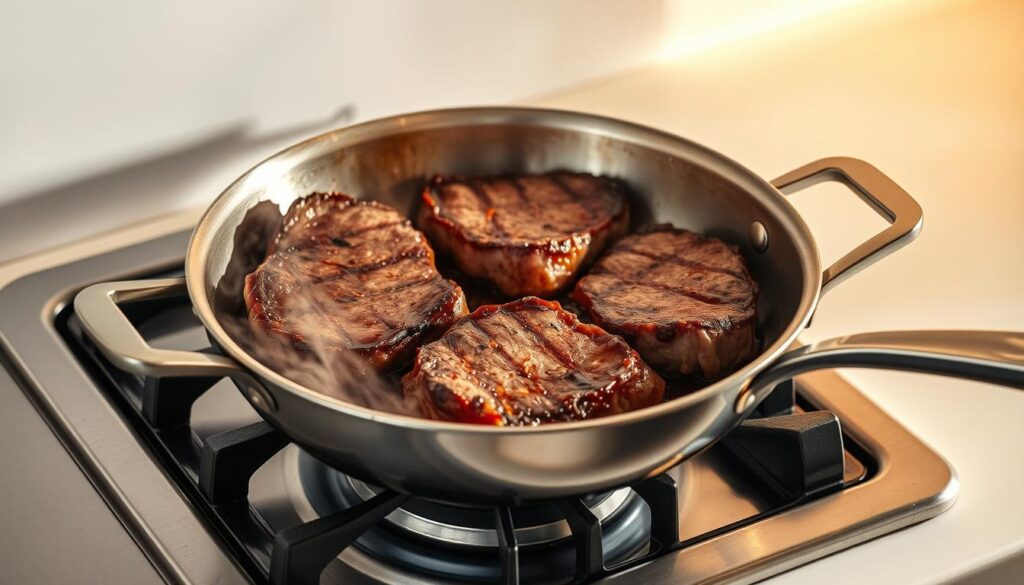 A stainless steel skillet rests on a gas stovetop, filled with sizzling, juicy cuts of beef steak. Plumes of fragrant steam rise from the pan, as the meat sears to a golden-brown crust. The stovetop is illuminated by warm, directional lighting, casting dramatic shadows across the scene. The steak's rich marbling is visible, hinting at the tender, flavorful bite to come. In the background, a clean, minimal kitchen countertop provides a clean, uncluttered stage for this cooking technique showcase. The overall mood is one of culinary mastery, with an emphasis on the textures, colors, and techniques involved in perfectly cooking a premium steak in a skillet. A stainless steel skillet rests on a gas stovetop, filled with sizzling, juicy cuts of beef steak. Plumes of fragrant steam rise from the pan, as the meat sears to a golden-brown crust. The stovetop is illuminated by warm, directional lighting, casting dramatic shadows across the scene. The steak's rich marbling is visible, hinting at the tender, flavorful bite to come. In the background, a clean, minimal kitchen countertop provides a clean, uncluttered stage for this cooking technique showcase. The overall mood is one of culinary mastery, with an emphasis on the textures, colors, and techniques involved in perfectly cooking a premium steak in a skillet.
