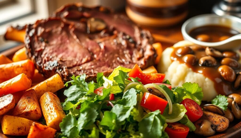 A sumptuous arrangement of complementary side dishes elegantly accompanying a juicy, slow-roasted beef chuck roast. In the foreground, golden-brown roasted potatoes and tender, caramelized carrots rest alongside a creamy, herb-infused mashed potato mound. In the middle ground, a vibrant green salad with crisp romaine, juicy tomatoes, and a tangy vinaigrette dressing. In the background, a hearty, mushroom-studded gravy glistens, ready to be drizzled over the succulent beef. The scene is bathed in warm, natural lighting, captured by a medium-format camera lens, creating a cozy, inviting atmosphere to savor this delectable, homestyle meal. A sumptuous arrangement of complementary side dishes elegantly accompanying a juicy, slow-roasted beef chuck roast. In the foreground, golden-brown roasted potatoes and tender, caramelized carrots rest alongside a creamy, herb-infused mashed potato mound. In the middle ground, a vibrant green salad with crisp romaine, juicy tomatoes, and a tangy vinaigrette dressing. In the background, a hearty, mushroom-studded gravy glistens, ready to be drizzled over the succulent beef. The scene is bathed in warm, natural lighting, captured by a medium-format camera lens, creating a cozy, inviting atmosphere to savor this delectable, homestyle meal.