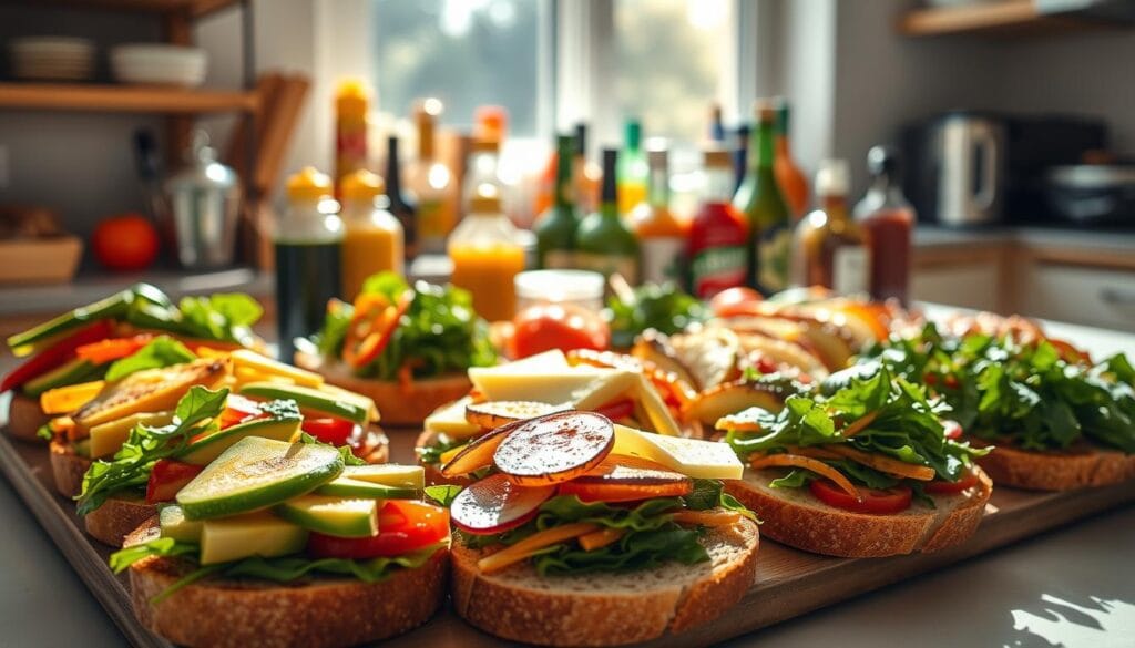A sun-drenched kitchen counter, adorned with a platter of tantalizing vegetarian lunch sandwiches. In the foreground, artfully arranged slices of fresh, crusty bread showcase an array of vibrant fillings - roasted vegetables, creamy avocado, crisp greens, and tangy cheese. The middle ground features a variety of colorful condiments, from zesty mustard to fragrant pesto, waiting to be generously spread. The background hints at a well-stocked pantry, hinting at the endless possibilities for crafting these quick and healthy meal solutions. Soft, natural lighting casts a warm glow, highlighting the textures and flavors of this delectable vegetarian lunch spread. A sun-drenched kitchen counter, adorned with a platter of tantalizing vegetarian lunch sandwiches. In the foreground, artfully arranged slices of fresh, crusty bread showcase an array of vibrant fillings - roasted vegetables, creamy avocado, crisp greens, and tangy cheese. The middle ground features a variety of colorful condiments, from zesty mustard to fragrant pesto, waiting to be generously spread. The background hints at a well-stocked pantry, hinting at the endless possibilities for crafting these quick and healthy meal solutions. Soft, natural lighting casts a warm glow, highlighting the textures and flavors of this delectable vegetarian lunch spread.