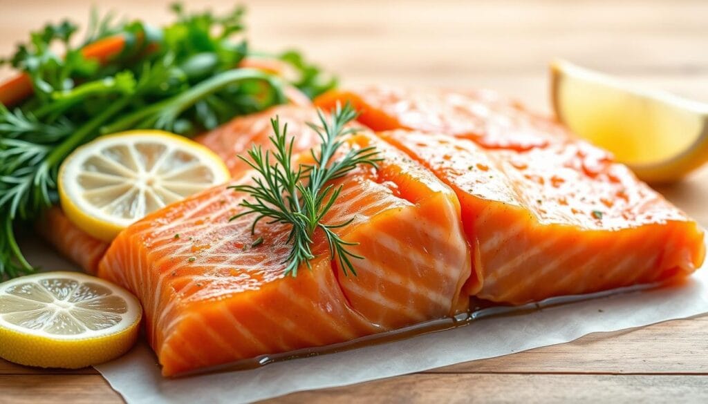 A vibrant still life of fresh, sustainably-sourced salmon fillets, garnished with lemon slices, dill, and a side of steamed vegetables. The salmon is glistening under soft, natural lighting, highlighting its tender, flaky texture and rich, orange-red hue. In the background, a clean, minimalist countertop or wooden table provides a simple, uncluttered backdrop, allowing the healthy, nutritious elements to take center stage. The overall composition conveys a sense of wellness, balance, and culinary expertise, perfectly suited to illustrate the "Nutritional Benefits and Healthy Cooking Tips" section of the article. A vibrant still life of fresh, sustainably-sourced salmon fillets, garnished with lemon slices, dill, and a side of steamed vegetables. The salmon is glistening under soft, natural lighting, highlighting its tender, flaky texture and rich, orange-red hue. In the background, a clean, minimalist countertop or wooden table provides a simple, uncluttered backdrop, allowing the healthy, nutritious elements to take center stage. The overall composition conveys a sense of wellness, balance, and culinary expertise, perfectly suited to illustrate the "Nutritional Benefits and Healthy Cooking Tips" section of the article.
