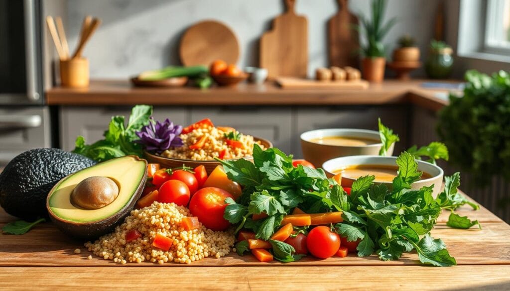 A vibrant vegetarian lunch scene captured in soft natural lighting. In the foreground, an assortment of fresh, colorful ingredients like avocado, quinoa, roasted vegetables, and leafy greens are artfully arranged on a wooden table. In the middle ground, a variety of vegetarian dishes are presented, including a hearty grain bowl, a crisp salad, and a creamy soup. The background features a minimalist kitchen setting with natural textures and earthy tones, creating a calming, inviting atmosphere. The composition emphasizes the nutritious, plant-based nature of the meal, reflecting the "Vegetarian and Vegan Lunch Options" theme. A vibrant vegetarian lunch scene captured in soft natural lighting. In the foreground, an assortment of fresh, colorful ingredients like avocado, quinoa, roasted vegetables, and leafy greens are artfully arranged on a wooden table. In the middle ground, a variety of vegetarian dishes are presented, including a hearty grain bowl, a crisp salad, and a creamy soup. The background features a minimalist kitchen setting with natural textures and earthy tones, creating a calming, inviting atmosphere. The composition emphasizes the nutritious, plant-based nature of the meal, reflecting the "Vegetarian and Vegan Lunch Options" theme.