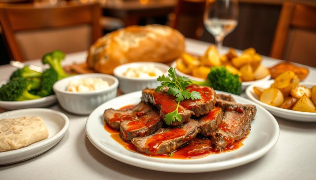 A warm, inviting tabletop scene depicting an arrangement of pepper steak dishes and suggested pairings. In the foreground, a plate of tender, juicy pepper steak slices, garnished with fresh parsley and a drizzle of rich, savory sauce. Surrounding the main dish, an assortment of side options - steamed broccoli florets, roasted potatoes with garlic and herbs, and a small bowl of creamy mashed potatoes. In the middle ground, a crusty, artisanal bread loaf, complementing the bold flavors of the pepper steak. The background features a soft, blurred view of a cozy, intimate dining area, with warm lighting and natural textures creating a welcoming atmosphere. A warm, inviting tabletop scene depicting an arrangement of pepper steak dishes and suggested pairings. In the foreground, a plate of tender, juicy pepper steak slices, garnished with fresh parsley and a drizzle of rich, savory sauce. Surrounding the main dish, an assortment of side options - steamed broccoli florets, roasted potatoes with garlic and herbs, and a small bowl of creamy mashed potatoes. In the middle ground, a crusty, artisanal bread loaf, complementing the bold flavors of the pepper steak. The background features a soft, blurred view of a cozy, intimate dining area, with warm lighting and natural textures creating a welcoming atmosphere.