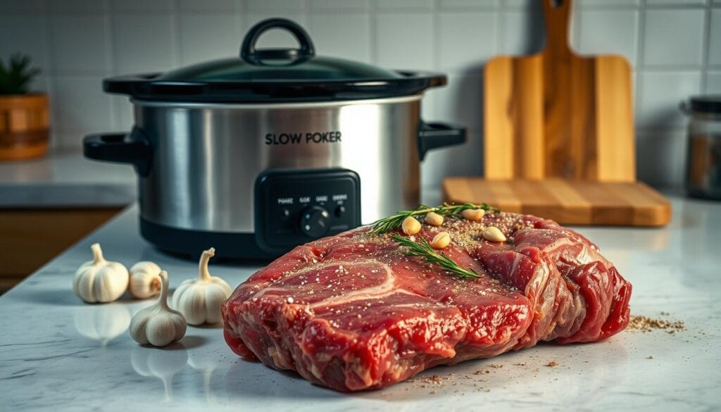 A well-lit kitchen counter, a large slow cooker takes center stage. Beside it, a fresh beef chuck roast, trimmed and ready for seasoning. Garlic cloves, fragrant herbs, and a sprinkle of salt and pepper adorn the meat, the aromas wafting through the air. In the background, a cutting board and a few simple kitchen tools stand by, anticipating the preparation process. Soft, diffused lighting casts a warm, inviting glow over the scene, setting the stage for a delicious, slow-cooked masterpiece. A well-lit kitchen counter, a large slow cooker takes center stage. Beside it, a fresh beef chuck roast, trimmed and ready for seasoning. Garlic cloves, fragrant herbs, and a sprinkle of salt and pepper adorn the meat, the aromas wafting through the air. In the background, a cutting board and a few simple kitchen tools stand by, anticipating the preparation process. Soft, diffused lighting casts a warm, inviting glow over the scene, setting the stage for a delicious, slow-cooked masterpiece.