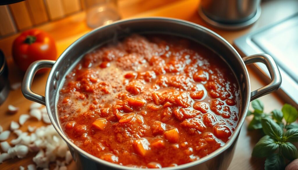 A well-lit kitchen counter, in warm golden tones, with a large saucepan filled with a rich, bubbling tomato-based sauce. The sauce simmers gently, its thick, glossy texture and deep red hue inviting. Chopped onions, garlic, and fresh basil leaves are scattered around the pan, their aromas mingling with the tantalizing scent of the gravy. The scene is captured from a slightly elevated angle, highlighting the textures and details of the preparation process. The overall mood is one of culinary expertise and comforting, homemade flavors. A well-lit kitchen counter, in warm golden tones, with a large saucepan filled with a rich, bubbling tomato-based sauce. The sauce simmers gently, its thick, glossy texture and deep red hue inviting. Chopped onions, garlic, and fresh basil leaves are scattered around the pan, their aromas mingling with the tantalizing scent of the gravy. The scene is captured from a slightly elevated angle, highlighting the textures and details of the preparation process. The overall mood is one of culinary expertise and comforting, homemade flavors.