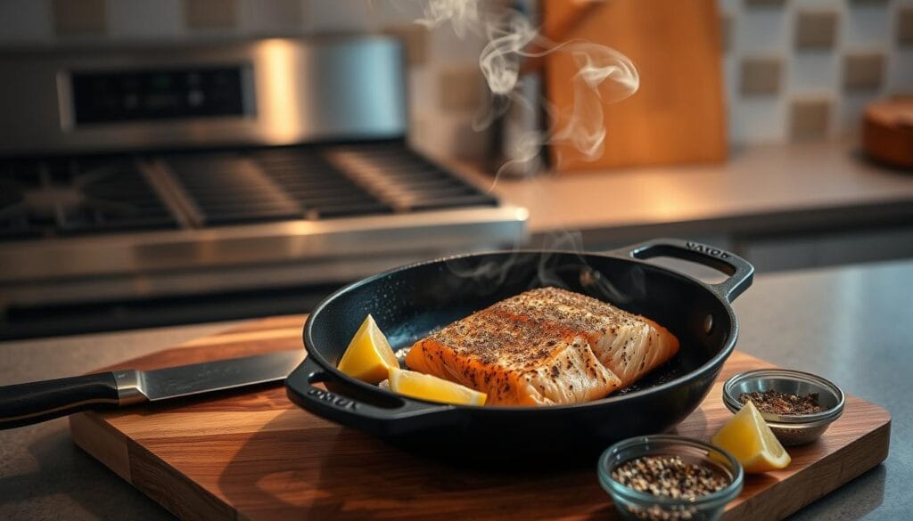 A well-lit kitchen counter with a wooden cutting board. On the board, a salmon fillet seasoned with a vibrant jerk spice blend, sizzling in a cast-iron skillet. Wisps of aromatic smoke curl upwards, casting a warm glow. In the foreground, a chef's knife, lemon wedges, and a small bowl of extra seasoning. The background features stainless steel appliances and a tiled backsplash, creating a modern, professional-grade setting. The overall mood is one of culinary expertise and mouthwatering anticipation. A well-lit kitchen counter with a wooden cutting board. On the board, a salmon fillet seasoned with a vibrant jerk spice blend, sizzling in a cast-iron skillet. Wisps of aromatic smoke curl upwards, casting a warm glow. In the foreground, a chef's knife, lemon wedges, and a small bowl of extra seasoning. The background features stainless steel appliances and a tiled backsplash, creating a modern, professional-grade setting. The overall mood is one of culinary expertise and mouthwatering anticipation.