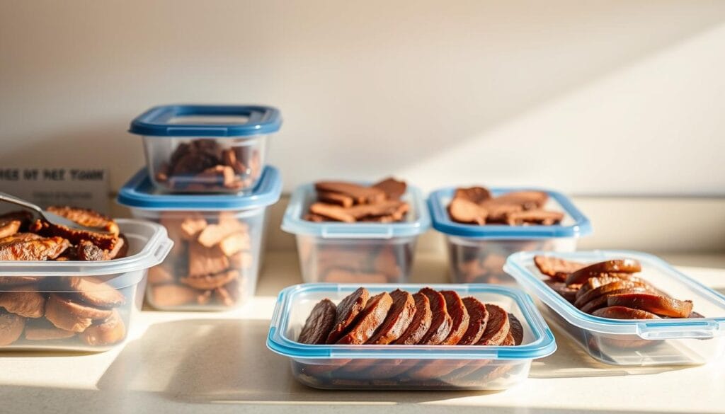 A well-lit kitchen counter with various storage containers filled with slices of cooked chipotle-marinated steak. The containers are arranged neatly, some with lids on, others open, showcasing the tender, juicy meat. The background features a neutral, clean wall, emphasizing the focus on the storage solutions. The lighting is warm and natural, casting subtle shadows that highlight the textures of the steak and the containers. The camera angle is slightly elevated, providing a clear, detailed view of the storage setup. The overall mood is one of organization, practicality, and appetite-inducing presentation of the delicious chipotle steak.