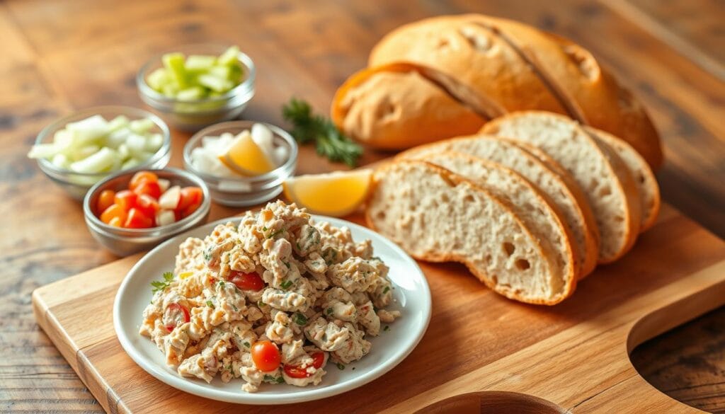 A well-presented tuna salad dish served on a wooden board, with garnishes and accompaniments neatly arranged around it. In the foreground, the tuna salad is elegantly plated, its creamy texture and flaked fish visible. Surrounding it are small bowls of chopped celery, diced onions, and halved grape tomatoes, as well as a small dish of lemon wedges. In the middle ground, a crusty baguette is sliced and fanned out, inviting the viewer to imagine pairing the tuna salad with the bread. The background features a rustic wooden surface, perhaps a kitchen counter or dining table, bathed in warm, natural lighting that casts a soft glow over the scene. The overall atmosphere is one of simple sophistication, reflecting Matthew McConaughey's classic and approachable personal style. A well-presented tuna salad dish served on a wooden board, with garnishes and accompaniments neatly arranged around it. In the foreground, the tuna salad is elegantly plated, its creamy texture and flaked fish visible. Surrounding it are small bowls of chopped celery, diced onions, and halved grape tomatoes, as well as a small dish of lemon wedges. In the middle ground, a crusty baguette is sliced and fanned out, inviting the viewer to imagine pairing the tuna salad with the bread. The background features a rustic wooden surface, perhaps a kitchen counter or dining table, bathed in warm, natural lighting that casts a soft glow over the scene. The overall atmosphere is one of simple sophistication, reflecting Matthew McConaughey's classic and approachable personal style.