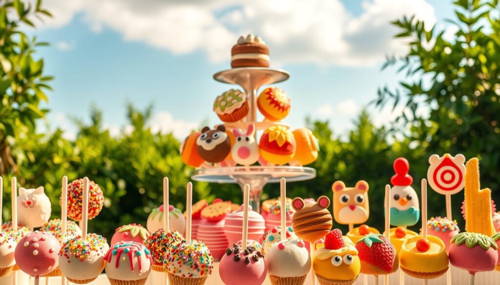 A whimsical summer scene with an array of delectable cake popsicle designs. In the foreground, a vibrant assortment of popsicles in various shapes and colors - from classic round cakes to playful animal and fruit shapes, all decorated with sprinkles, drizzles, and colorful toppings. In the middle ground, a tiered display stand showcases the enticing popsicles, set against a backdrop of lush greenery and a cloudless, azure sky. Warm, golden lighting casts a cheerful glow, highlighting the popsicles' inviting textures and mouthwatering details. The overall atmosphere evokes a sense of playful indulgence, perfect for inspiring creative cake popsicle designs for any summer gathering. A whimsical summer scene with an array of delectable cake popsicle designs. In the foreground, a vibrant assortment of popsicles in various shapes and colors - from classic round cakes to playful animal and fruit shapes, all decorated with sprinkles, drizzles, and colorful toppings. In the middle ground, a tiered display stand showcases the enticing popsicles, set against a backdrop of lush greenery and a cloudless, azure sky. Warm, golden lighting casts a cheerful glow, highlighting the popsicles' inviting textures and mouthwatering details. The overall atmosphere evokes a sense of playful indulgence, perfect for inspiring creative cake popsicle designs for any summer gathering.