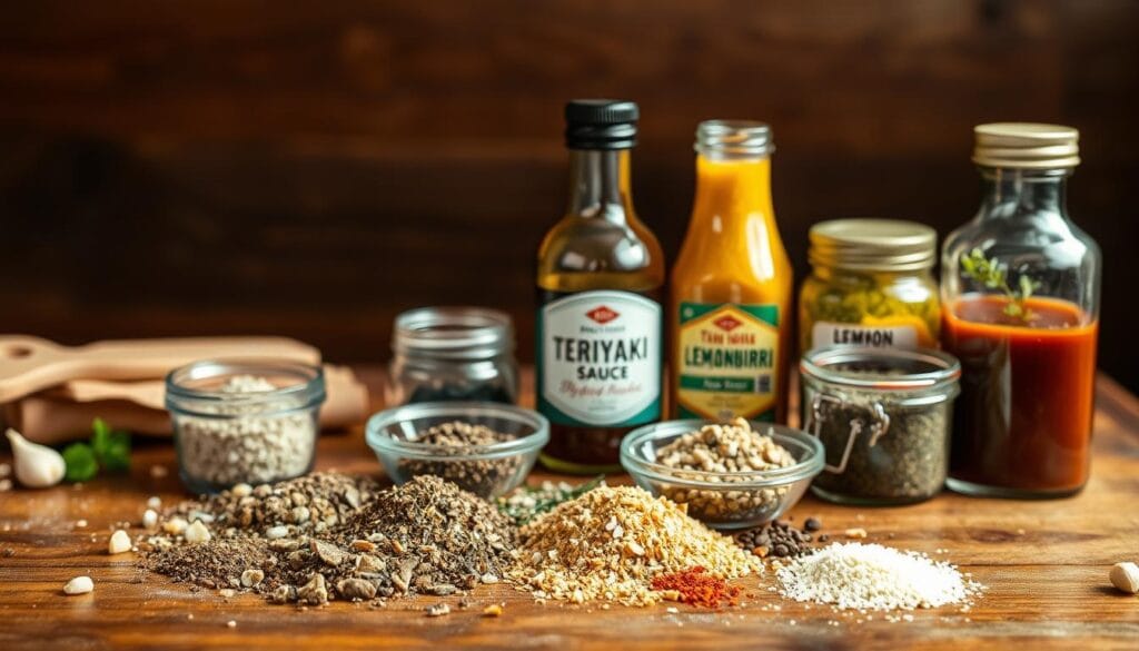 A wooden table with an assortment of Denver steak seasonings and marinades arranged in the foreground. The seasonings should include a variety of dried herbs, spices, and aromatic ingredients like garlic, onion, black pepper, and sea salt. In the middle ground, a few glass bottles or jars of liquid marinades in different colors and textures, such as a rich, tangy teriyaki sauce, a bold, spicy chimichurri, and a zesty lemon-herb blend. The background should have a warm, rustic ambiance, with subtle shadows and highlights to create depth and atmosphere. The lighting should be natural and soft, highlighting the textures and colors of the ingredients. The overall mood should convey the idea of creating flavorful, complementary sauces and seasonings to enhance the Denver steak.