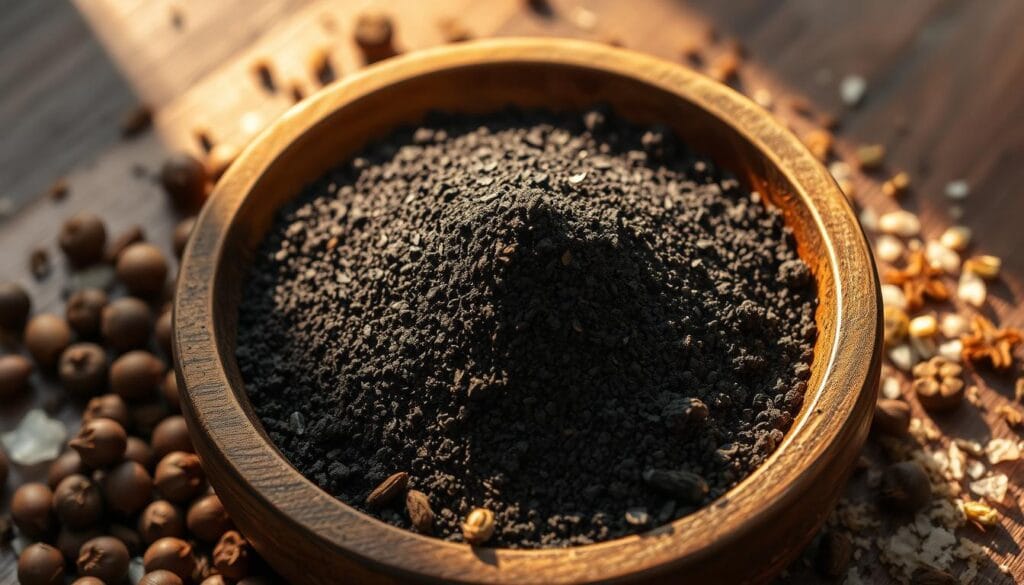 Activated charcoal steak seasoning, a fine-grained black powder, rests in a rustic wooden bowl. Shafts of warm, golden light illuminate the intricate texture and deep, earthy hues of the charcoal. Surrounded by a scattering of whole peppercorns, coarse sea salt crystals, and aromatic dried herbs, the seasoning blend evokes the rich, smoky flavors of an expertly grilled steak. The composition is captured from a high angle, creating a sense of depth and emphasizing the interplay of natural elements. The overall mood is one of artisanal craftsmanship and the alluring aroma of a masterfully prepared dish. Activated charcoal steak seasoning, a fine-grained black powder, rests in a rustic wooden bowl. Shafts of warm, golden light illuminate the intricate texture and deep, earthy hues of the charcoal. Surrounded by a scattering of whole peppercorns, coarse sea salt crystals, and aromatic dried herbs, the seasoning blend evokes the rich, smoky flavors of an expertly grilled steak. The composition is captured from a high angle, creating a sense of depth and emphasizing the interplay of natural elements. The overall mood is one of artisanal craftsmanship and the alluring aroma of a masterfully prepared dish.