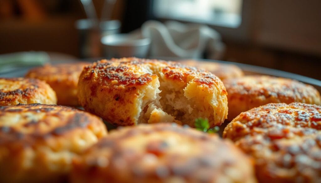 Crisp, golden-brown salmon fish cakes filling the frame, showcasing their delectable texture. Warm lighting accentuates the flaky interior and the crunchy, pan-seared exterior. The cakes are shot from a slightly low angle, highlighting their beautiful layered structure and highlighting the intricate patterns created by the careful shaping and frying process. The image has a cozy, inviting atmosphere, drawing the viewer in to imagine the satisfying sensation of biting into these perfectly crafted salmon delights. Crisp, golden-brown salmon fish cakes filling the frame, showcasing their delectable texture. Warm lighting accentuates the flaky interior and the crunchy, pan-seared exterior. The cakes are shot from a slightly low angle, highlighting their beautiful layered structure and highlighting the intricate patterns created by the careful shaping and frying process. The image has a cozy, inviting atmosphere, drawing the viewer in to imagine the satisfying sensation of biting into these perfectly crafted salmon delights.