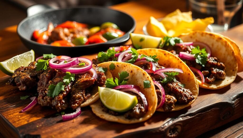 Flap steak tacos and fajitas, sizzling on a rustic wooden platter, garnished with vibrant sliced red onions, fresh cilantro, and wedges of juicy lime. In the background, a charred cast-iron skillet simmers with sautéed peppers and onions, emitting mouthwatering aromas. Soft flour tortillas and crunchy taco shells stand ready, inviting the viewer to indulge in this delectable feast. Warm lighting casts a cozy glow, heightening the inviting atmosphere. Shadows and highlights accentuate the textures of the ingredients, creating a visually captivating and appetizing scene that perfectly complements the "Serving Suggestions and Pairings" section of the article. Flap steak tacos and fajitas, sizzling on a rustic wooden platter, garnished with vibrant sliced red onions, fresh cilantro, and wedges of juicy lime. In the background, a charred cast-iron skillet simmers with sautéed peppers and onions, emitting mouthwatering aromas. Soft flour tortillas and crunchy taco shells stand ready, inviting the viewer to indulge in this delectable feast. Warm lighting casts a cozy glow, heightening the inviting atmosphere. Shadows and highlights accentuate the textures of the ingredients, creating a visually captivating and appetizing scene that perfectly complements the "Serving Suggestions and Pairings" section of the article.