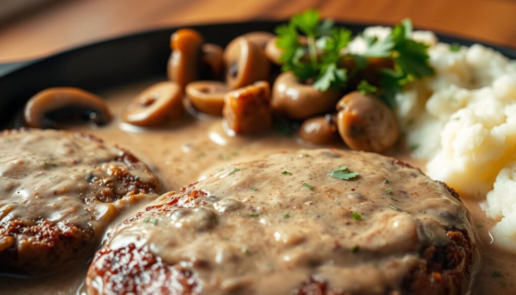 Homemade Salisbury steak swimming in a rich, creamy mushroom gravy. Sizzling pan-seared patties in the foreground, gently cooked mushrooms and onions in the middle ground, with a background of soft mashed potatoes, all lit by warm, natural lighting. The gravy has a thick, velvety texture, with the earthy aroma of sautéed mushrooms. Garnished with a sprinkle of fresh parsley for a pop of color. Captured at a low angle, creating an inviting and comforting scene that makes you want to dive right in. Homemade Salisbury steak swimming in a rich, creamy mushroom gravy. Sizzling pan-seared patties in the foreground, gently cooked mushrooms and onions in the middle ground, with a background of soft mashed potatoes, all lit by warm, natural lighting. The gravy has a thick, velvety texture, with the earthy aroma of sautéed mushrooms. Garnished with a sprinkle of fresh parsley for a pop of color. Captured at a low angle, creating an inviting and comforting scene that makes you want to dive right in.