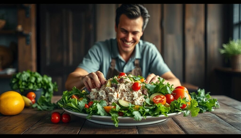 Matthew McConaughey stands behind a rustic wooden table, smiling as he carefully arranges a vibrant display of his homemade tuna salad. Fresh greens, crunchy vegetables, and juicy fruits adorn the plate, creating a visually appealing and appetizing scene. The lighting is soft and natural, casting a warm glow on the ingredients. A vintage-inspired camera lens captures the scene from a slightly elevated angle, emphasizing the delightful textures and colors. The overall atmosphere is one of culinary delight, inviting the viewer to savor the freshness and crunch of the tuna salad's vegetable and fruit accompaniments. Matthew McConaughey stands behind a rustic wooden table, smiling as he carefully arranges a vibrant display of his homemade tuna salad. Fresh greens, crunchy vegetables, and juicy fruits adorn the plate, creating a visually appealing and appetizing scene. The lighting is soft and natural, casting a warm glow on the ingredients. A vintage-inspired camera lens captures the scene from a slightly elevated angle, emphasizing the delightful textures and colors. The overall atmosphere is one of culinary delight, inviting the viewer to savor the freshness and crunch of the tuna salad's vegetable and fruit accompaniments.