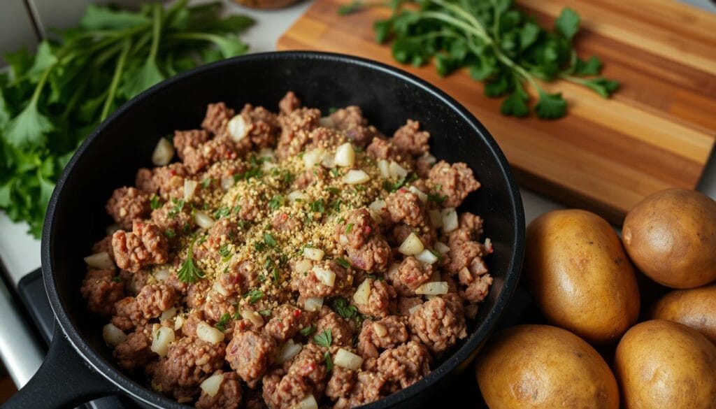 Seasoned ground beef sizzles in a cast-iron skillet, the aroma of garlic, onion, and fragrant spices filling the air. Beside it, plump russet potatoes await their turn, their skins glistening under soft, warm lighting. In the background, a wooden cutting board holds a collection of fresh herbs, their vibrant colors contrasting with the muted tones of the kitchen. The scene exudes a sense of homey comfort and culinary expertise, inviting the viewer to imagine the delicious and satisfying meal that will soon be prepared.