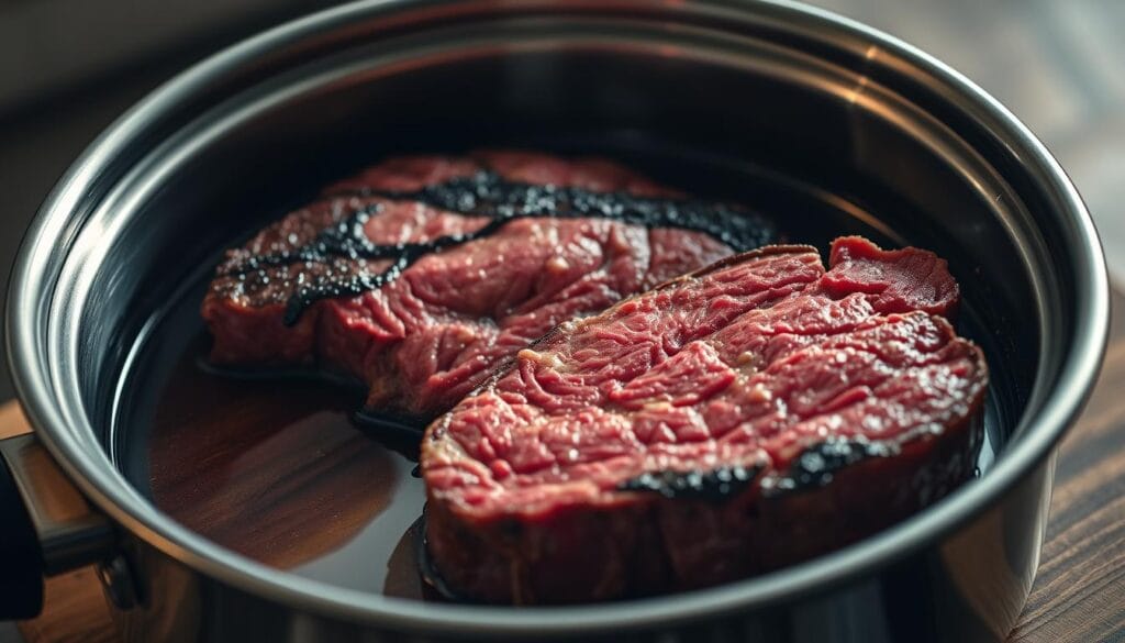 Sous Vide Flap Steak in a stainless steel pot, gently simmering in a temperature-controlled water bath. A slice of the tender, juicy steak rests on a wooden cutting board, ready to be seared to a perfect medium-rare finish. Dramatic side lighting accentuates the meat's marbling and rich, beefy color. The scene is captured with a wide-angle lens, showcasing the elegant simplicity of the sous vide cooking technique. The mood is one of precision, patience, and culinary mastery - a visual representation of the "Perfect Temperature Control" that elevates the humble flap steak to new heights of flavor and texture. Sous Vide Flap Steak in a stainless steel pot, gently simmering in a temperature-controlled water bath. A slice of the tender, juicy steak rests on a wooden cutting board, ready to be seared to a perfect medium-rare finish. Dramatic side lighting accentuates the meat's marbling and rich, beefy color. The scene is captured with a wide-angle lens, showcasing the elegant simplicity of the sous vide cooking technique. The mood is one of precision, patience, and culinary mastery - a visual representation of the "Perfect Temperature Control" that elevates the humble flap steak to new heights of flavor and texture.