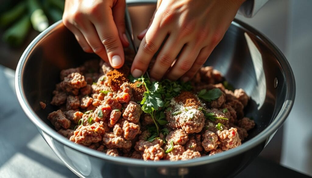 A close-up view of a chef's hands thoroughly mixing ground beef, herbs, and spices in a large stainless steel bowl. The meatloaf mixture has a rich, earthy hue and a smooth, homogeneous texture. Soft, natural lighting illuminates the scene, casting gentle shadows and highlights the chef's precise, methodical movements. The background is softly blurred, allowing the mixing process to be the focal point. The overall mood is one of culinary expertise, attention to detail, and the comforting preparation of a beloved home-cooked meal.