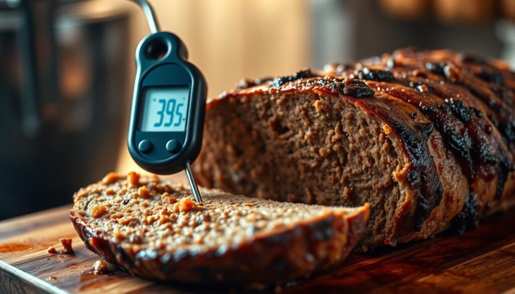 A close-up view of a freshly sliced smoked meatloaf, revealing a juicy, tender interior. The meatloaf is resting on a wooden cutting board, with a digital meat thermometer inserted into the center, displaying the internal temperature. The background is softly blurred, allowing the focus to remain on the meatloaf and the thermometer reading, conveying a sense of careful, meticulous monitoring for the perfect doneness. Warm, earthy lighting casts a comforting glow, and the overall composition suggests the culmination of a labor-intensive, yet rewarding, smoked meatloaf preparation process.