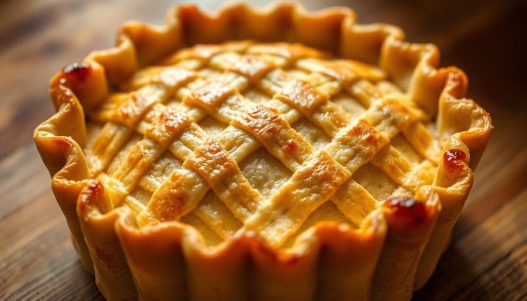 A close-up view of a golden-brown, flaky pie crust, freshly baked and still steaming. The crust has a beautifully textured surface, with intricate lattice patterns and delicate edges. Warm, soft lighting illuminates the crust, casting gentle shadows that accentuate its depth and three-dimensional qualities. The crust is positioned on a wooden surface, with a slight angle to showcase its alluring appearance. The image conveys the irresistible aroma and inviting texture of a perfectly executed chicken pot pie crust, inspiring the viewer to appreciate the art of crafting the perfect pastry. A close-up view of a golden-brown, flaky pie crust, freshly baked and still steaming. The crust has a beautifully textured surface, with intricate lattice patterns and delicate edges. Warm, soft lighting illuminates the crust, casting gentle shadows that accentuate its depth and three-dimensional qualities. The crust is positioned on a wooden surface, with a slight angle to showcase its alluring appearance. The image conveys the irresistible aroma and inviting texture of a perfectly executed chicken pot pie crust, inspiring the viewer to appreciate the art of crafting the perfect pastry.