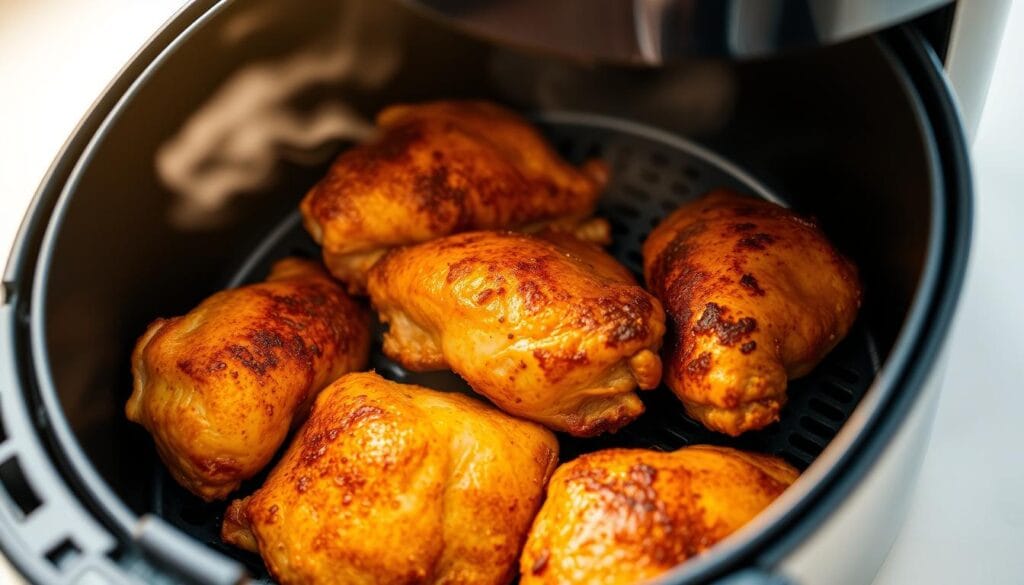 A close-up view of crispy, golden-brown chicken thighs sizzling in an air fryer, their skin glistening with a light coating of oil. The thighs are arranged in a single layer, filling the air fryer basket, with steam gently rising from their surface. The air fryer is positioned on a clean, well-lit kitchen counter, its sleek, modern design highlighted by the warm, soft lighting illuminating the scene. The overall atmosphere is one of mouthwatering anticipation, inviting the viewer to imagine the delicious, juicy flavors and satisfying crunch of the air-fried chicken. A close-up view of crispy, golden-brown chicken thighs sizzling in an air fryer, their skin glistening with a light coating of oil. The thighs are arranged in a single layer, filling the air fryer basket, with steam gently rising from their surface. The air fryer is positioned on a clean, well-lit kitchen counter, its sleek, modern design highlighted by the warm, soft lighting illuminating the scene. The overall atmosphere is one of mouthwatering anticipation, inviting the viewer to imagine the delicious, juicy flavors and satisfying crunch of the air-fried chicken.