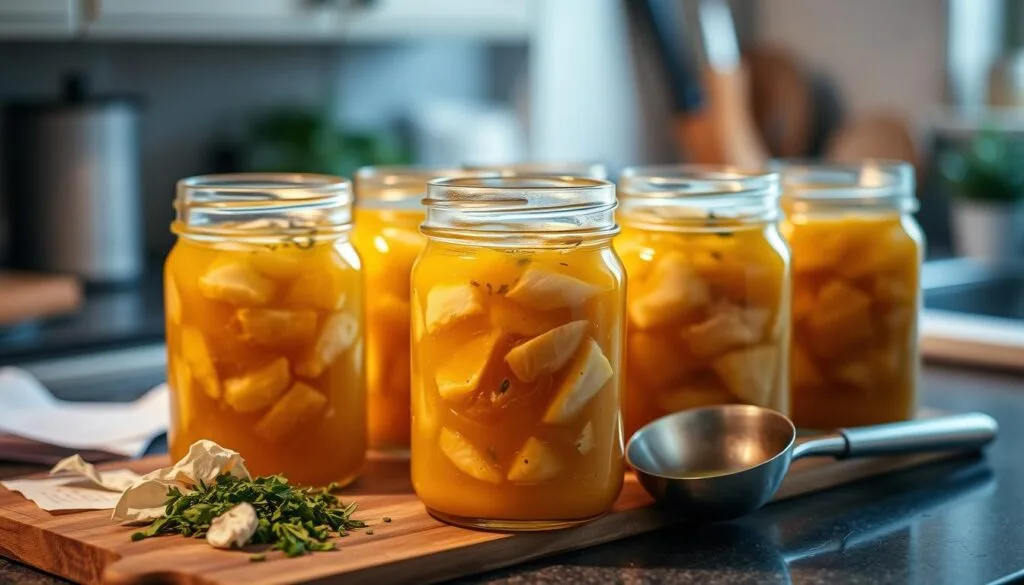 A cozy kitchen scene, a countertop adorned with glass jars filled with homemade chicken soup, their golden broth and tender chunks of meat shimmering under warm, soft lighting. Beside them, a cutting board with freshly chopped herbs, a ladle, and a few crumpled notes, hinting at the recipe's origins. The background is softly blurred, emphasizing the focal point - the well-preserved soup, ready to be enjoyed or stored for later. The overall mood is one of domestic comfort and culinary care, a testament to the joy of homemade nourishment. A cozy kitchen scene, a countertop adorned with glass jars filled with homemade chicken soup, their golden broth and tender chunks of meat shimmering under warm, soft lighting. Beside them, a cutting board with freshly chopped herbs, a ladle, and a few crumpled notes, hinting at the recipe's origins. The background is softly blurred, emphasizing the focal point - the well-preserved soup, ready to be enjoyed or stored for later. The overall mood is one of domestic comfort and culinary care, a testament to the joy of homemade nourishment.