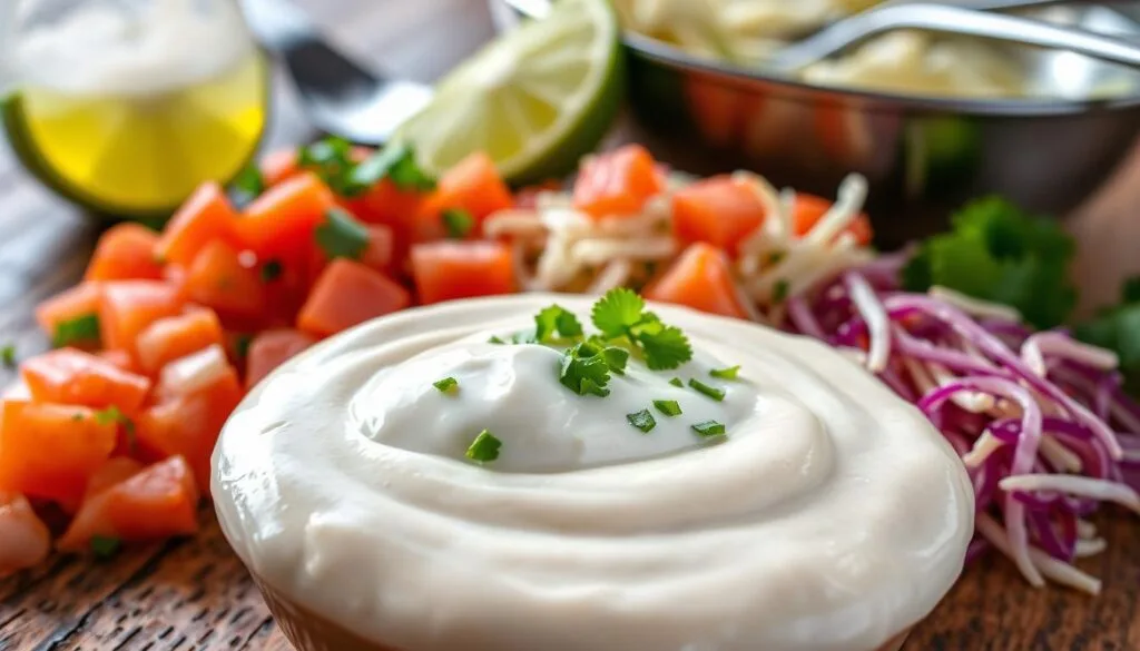 A creamy, luscious fish taco sauce with a vibrant, tangy flavor. The foreground features a smooth, velvety sauce with a dollop of sour cream, sprinkled with chopped cilantro. The middle ground showcases diced tomatoes, finely shredded cabbage, and a squeeze of fresh lime juice. The background has a rustic wooden surface, with a stainless steel bowl and utensils, conveying a homemade, artisanal feel. The lighting is soft and natural, highlighting the textures and colors of the ingredients. The overall atmosphere is one of fresh, flavorful, and irresistible taco perfection. A creamy, luscious fish taco sauce with a vibrant, tangy flavor. The foreground features a smooth, velvety sauce with a dollop of sour cream, sprinkled with chopped cilantro. The middle ground showcases diced tomatoes, finely shredded cabbage, and a squeeze of fresh lime juice. The background has a rustic wooden surface, with a stainless steel bowl and utensils, conveying a homemade, artisanal feel. The lighting is soft and natural, highlighting the textures and colors of the ingredients. The overall atmosphere is one of fresh, flavorful, and irresistible taco perfection.