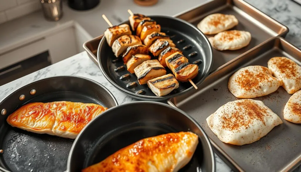 A high-angle view of a modern kitchen counter showcasing three distinct cooking methods for fish tacos. In the foreground, a perfectly golden-brown, pan-fried tilapia fillet sizzles in a cast-iron skillet, its crispy edges glistening under warm, natural lighting. In the middle ground, tender, grilled mahi-mahi skewers are being brushed with a zesty lime-cilantro marinade, their charred grill marks adding depth of flavor. And in the background, a baking sheet holds flaky, oven-baked cod fillets, their surfaces lightly dusted with a blend of earthy spices. The scene exudes a mouthwatering aroma and a sense of culinary experimentation, inviting the viewer to explore the unique qualities of each cooking technique. A high-angle view of a modern kitchen counter showcasing three distinct cooking methods for fish tacos. In the foreground, a perfectly golden-brown, pan-fried tilapia fillet sizzles in a cast-iron skillet, its crispy edges glistening under warm, natural lighting. In the middle ground, tender, grilled mahi-mahi skewers are being brushed with a zesty lime-cilantro marinade, their charred grill marks adding depth of flavor. And in the background, a baking sheet holds flaky, oven-baked cod fillets, their surfaces lightly dusted with a blend of earthy spices. The scene exudes a mouthwatering aroma and a sense of culinary experimentation, inviting the viewer to explore the unique qualities of each cooking technique.