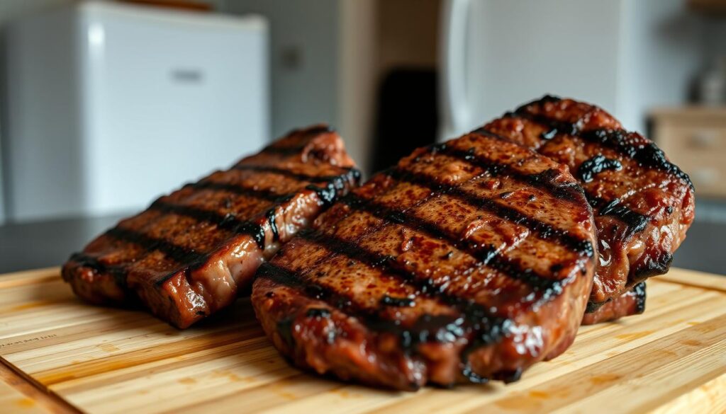 A neatly arranged set of freshly grilled hamburger steaks, resting on a clean wooden cutting board. The meat is juicy and glistening, with a delightful char on the exterior. In the background, a simple white refrigerator stands, hinting at the proper storage environment for these delectable cuts. Soft, diffused lighting creates a cozy, appetizing atmosphere, drawing the viewer's attention to the starring culinary protagonist. The composition is balanced, with the steaks positioned to showcase their form and texture, inviting the viewer to imagine the perfect texture and flavor. A neatly arranged set of freshly grilled hamburger steaks, resting on a clean wooden cutting board. The meat is juicy and glistening, with a delightful char on the exterior. In the background, a simple white refrigerator stands, hinting at the proper storage environment for these delectable cuts. Soft, diffused lighting creates a cozy, appetizing atmosphere, drawing the viewer's attention to the starring culinary protagonist. The composition is balanced, with the steaks positioned to showcase their form and texture, inviting the viewer to imagine the perfect texture and flavor.