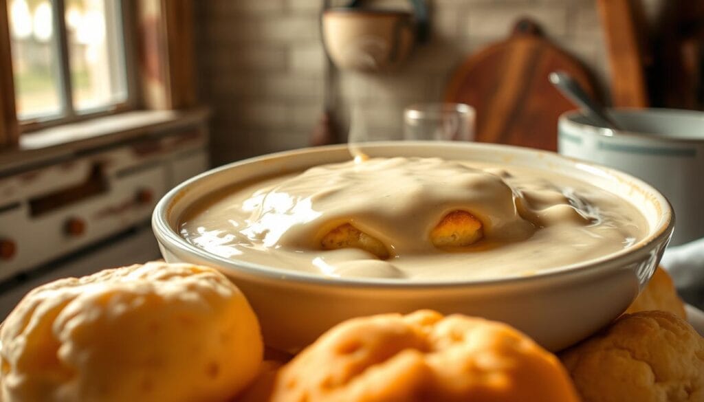 A sumptuous bowl of homemade Southern-style cream gravy, glistening with a smooth, velvety texture. The gravy is poured generously over a golden-brown biscuit, creating a mouthwatering contrast of flavors and textures. Wisps of steam rise from the dish, hinting at the warmth and comforting aroma. Soft, pillowy biscuits are nestled in the foreground, their flaky surfaces beckoning. In the background, a vintage-inspired kitchen setting with weathered wooden elements and soft, natural lighting, evoking a sense of nostalgia and authentic Southern charm. The overall scene exudes a cozy, inviting atmosphere, perfectly capturing the essence of "Mastering the Classic Cream Gravy".