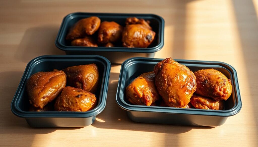 A trio of sleek, rectangular meal prep containers showcasing a hearty portion of juicy, golden-brown chicken thighs. The containers are arranged on a minimalist, wood-grain surface, casting soft shadows. Warm, natural lighting from the side gently illuminates the succulent chicken, highlighting its tender texture and caramelized skin. The containers are free of any distracting labels or branding, allowing the focus to remain on the tantalizing meal within. An appetizing, home-cooked ambiance pervades the scene, inspiring visions of nutritious, make-ahead lunches or dinners. A trio of sleek, rectangular meal prep containers showcasing a hearty portion of juicy, golden-brown chicken thighs. The containers are arranged on a minimalist, wood-grain surface, casting soft shadows. Warm, natural lighting from the side gently illuminates the succulent chicken, highlighting its tender texture and caramelized skin. The containers are free of any distracting labels or branding, allowing the focus to remain on the tantalizing meal within. An appetizing, home-cooked ambiance pervades the scene, inspiring visions of nutritious, make-ahead lunches or dinners.
