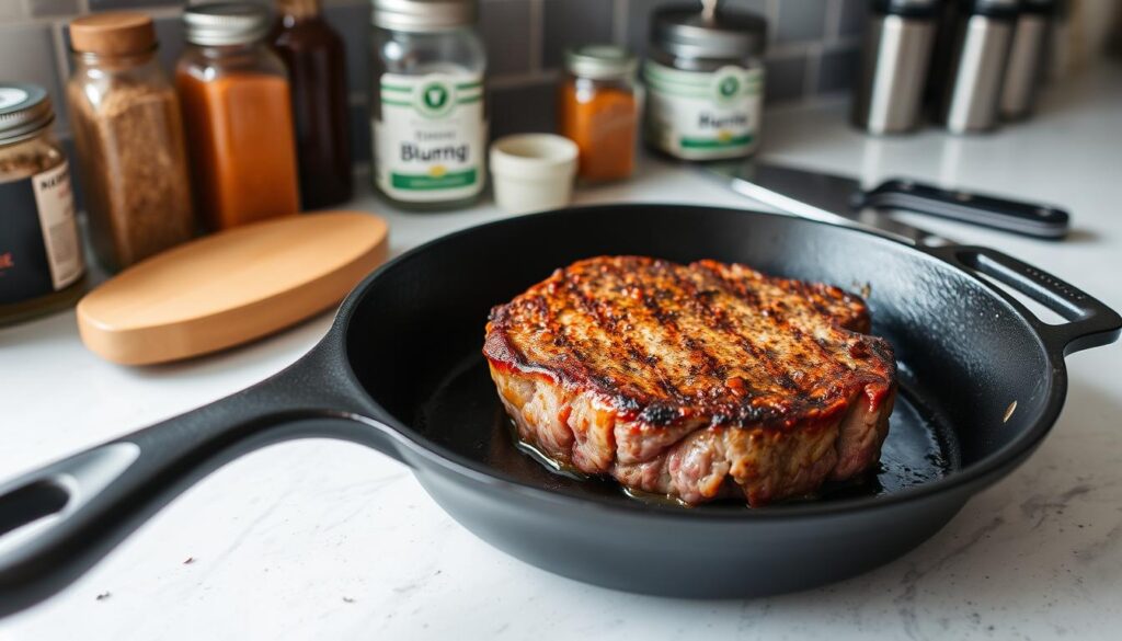 A well-lit kitchen countertop with a cast-iron skillet sizzling with a thick, juicy hamburger steak. The steak is perfectly seared, with a golden-brown crust on the exterior and a tender, pink center. Drops of rendered fat glisten on the surface, and a delicate wisp of steam rises from the pan. In the background, an assortment of seasoning jars and a sharp chef's knife stand ready, hinting at the careful preparation and attention to detail that went into this culinary masterpiece. The scene evokes a sense of mastery, capturing the essence of "Pro Tips for Juicy and Tender Results" in the creation of a classic hamburger steak. A well-lit kitchen countertop with a cast-iron skillet sizzling with a thick, juicy hamburger steak. The steak is perfectly seared, with a golden-brown crust on the exterior and a tender, pink center. Drops of rendered fat glisten on the surface, and a delicate wisp of steam rises from the pan. In the background, an assortment of seasoning jars and a sharp chef's knife stand ready, hinting at the careful preparation and attention to detail that went into this culinary masterpiece. The scene evokes a sense of mastery, capturing the essence of "Pro Tips for Juicy and Tender Results" in the creation of a classic hamburger steak.